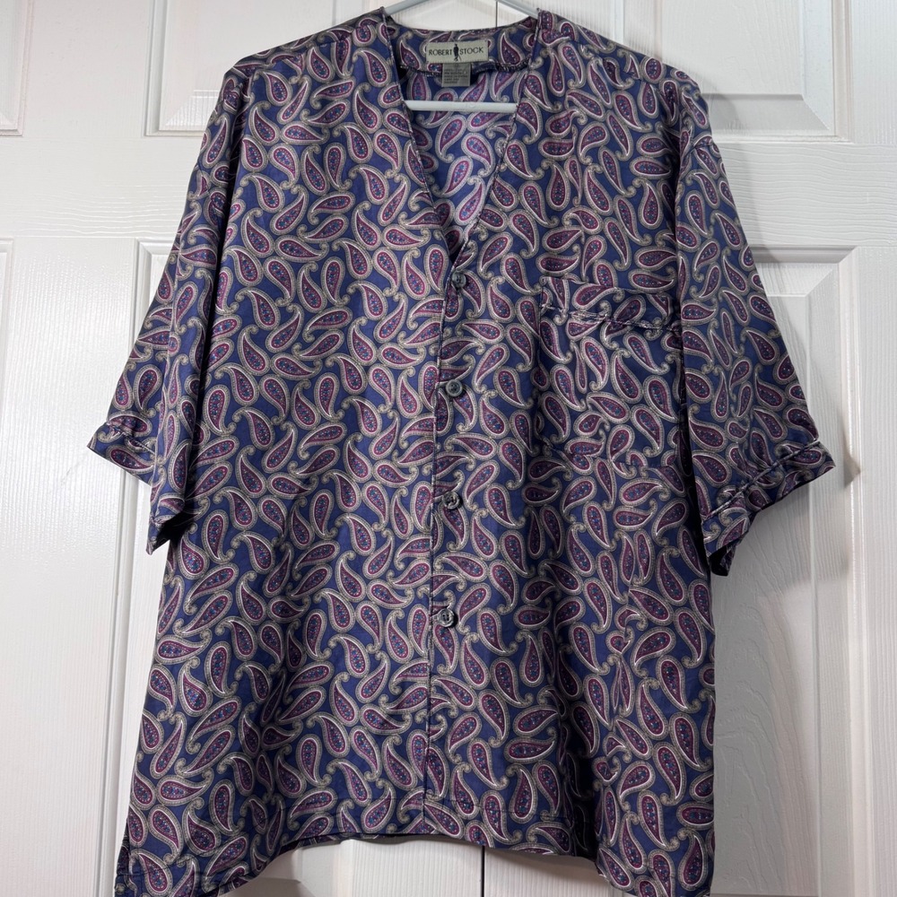 Vintage Robert Stock 100%Silk Paisley Button Up Shirt Womens Medium Short Sleeve